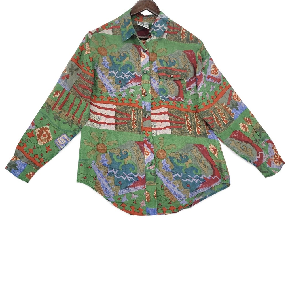 Peaches & Smith Silk Shirt M Vintage Abstract Print Green 90s Style Button Up